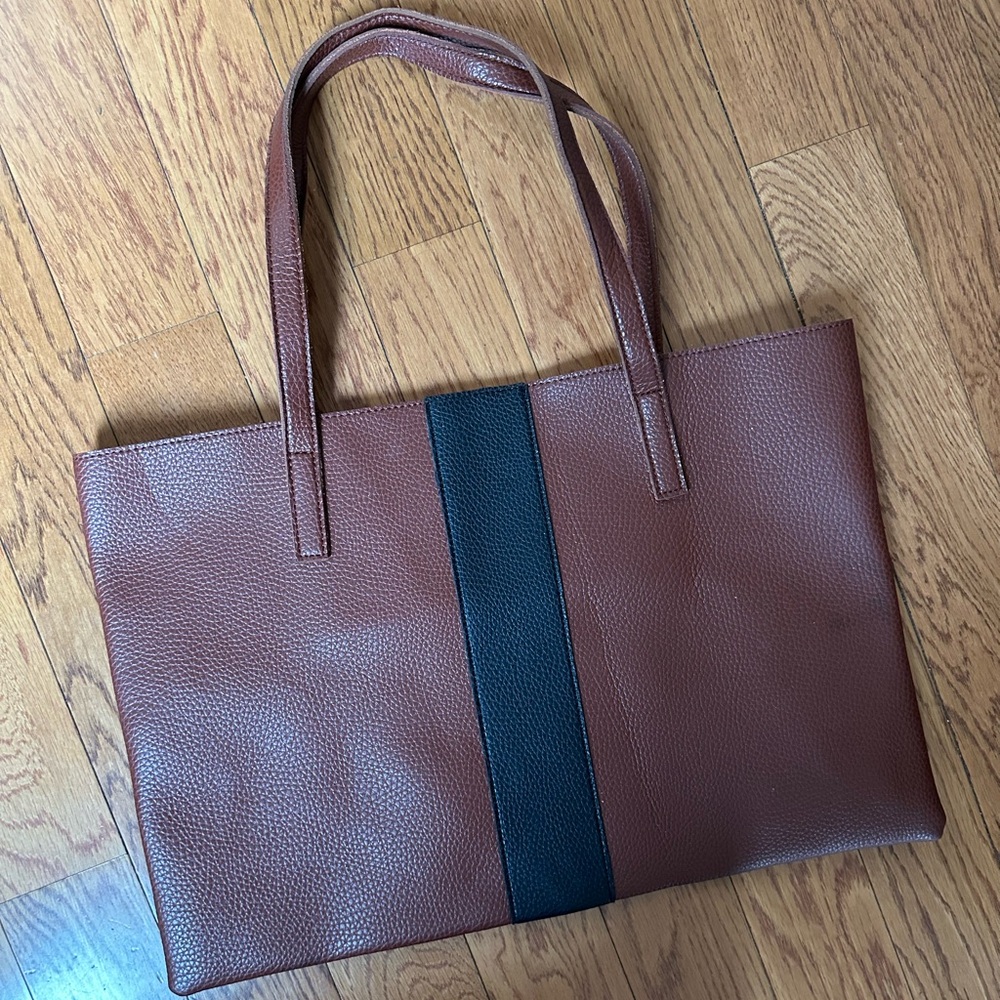 Vince Camuto Brown Leather Tote Bag with Black Stripe